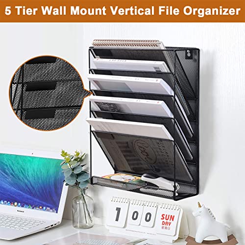 Wall File Organizer 5 Tier Metal Mesh Wall File Holder, Vertical Magazine Rack with Bottom Flat Tray Pockets Nametag Label, Office Hanging Folder Paper Document Storage Mail Sorter Bin for Home School