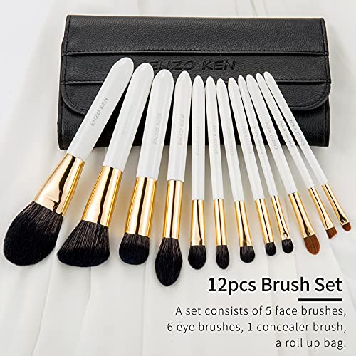 ENZO KEN White and Gold Organic Makeup Brush Set by, 12 Piece Pearls Eyeshadow Brush Sets with Trave Case, Large Thick Face Contour Brushes with Roll up Bag - Professional Basic Sets & Kits