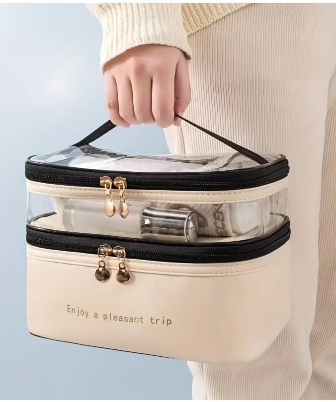 ORiTi Double Layer Makeup Bag Solid Color PU Transparent Wash Bag Portable INS Fashionable waterproof Travel Portable large capacity Storage Bag - Beige