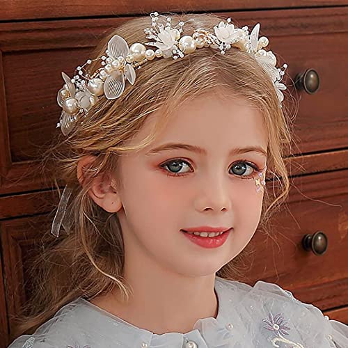 JWWYJ Princess Flower Crystal Headpiece Rhinestone Pearl Headband Alloy Floral Bridal Hair Accessories Communion Wedding Prom Photography for Girls and Women