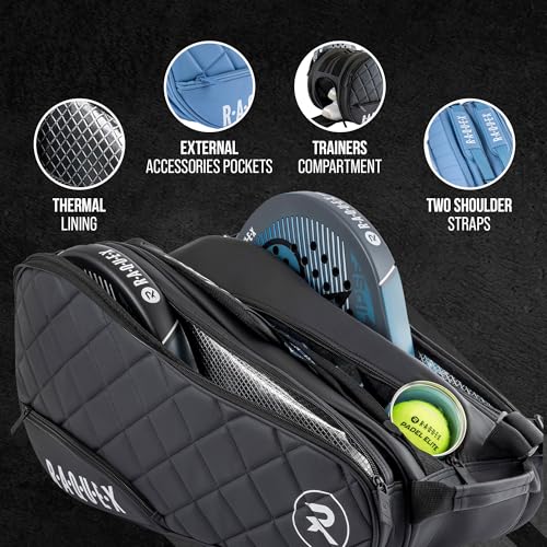 Raquex Elite Quilted Padel Racket Bag (Up to 4 Racquets) ??Blue or Black - Faux Leather Padel Bag for Men and Women Padded Padel Racket Protector Bag - Luxury Padel Gift