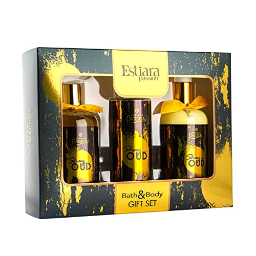 Estiara Passion Shay Oud Bath & Body Beauty Skincare 3 Piece Gift Set Red - Shay Oud Body Lotion 350ML - Shay Oud Shower Gel 350ML - Shay Oud Natural French Fragrance Mist 250ML