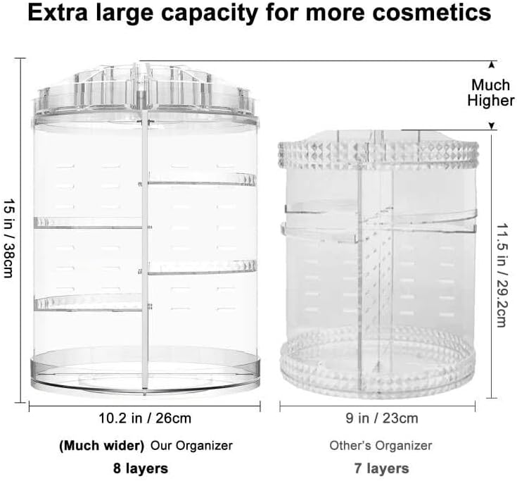 AMEITECH Makeup organizer, 360 degree rotating adjustable cosmetic storage display case with 8 layers large capacity, fits jewelry,makeup brushes, lipsticks and more, clear transparent - 38x26x26cm