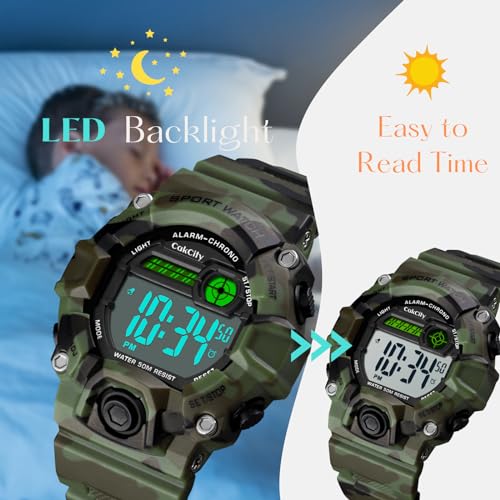 CakCity Boys Camouflage LED Sports Kids Watch Waterproof Digital Electronic Military Wrist Watches for Kids with Silicone Band Alarm Stopwatch Watches Age 5-10