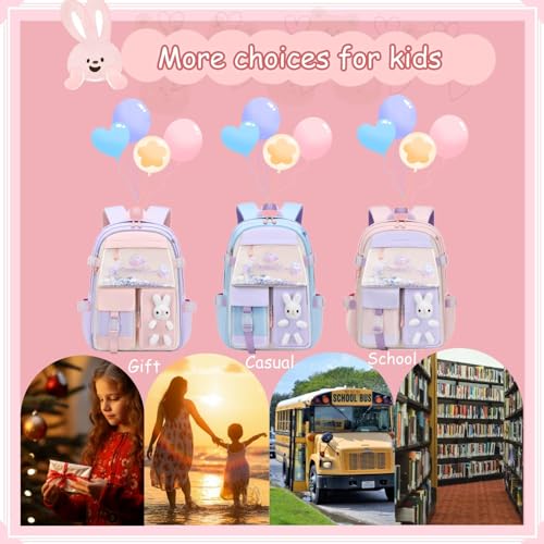 Excefore Bunny Backpack for Girls, Cute Kids Bookbag for Elementary School Teens, Kawaii Preschool Outdoor Daypack, Kids Backpack with Rabbit Dolls, Pink