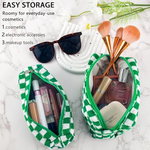 ZLFSRQ 3Pcs Checkered Makeup Bag for Women Large Cosmetic Bag Set Travel Toiletry Bag Makeup Pouch Bag for Purse Pink Zipper Storage Bag Organizer Cute Small Aesthetic Girls Car Essentials Bag
