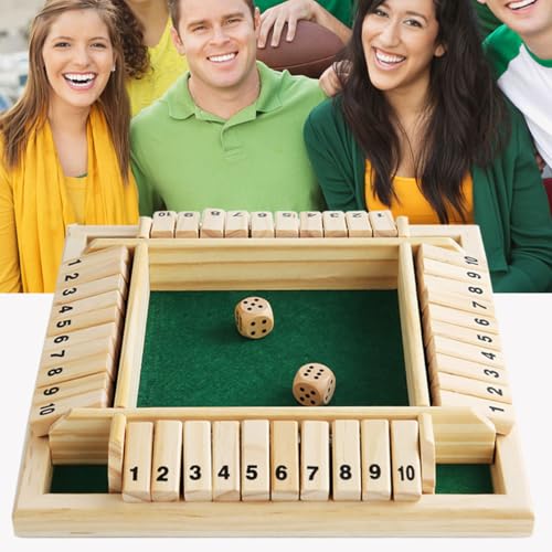 ECVV Shut The Box Dice Game 4 Sided Wooden Table Math Board Game for 1-4 Players Classic Family Game with 2 Dices for Family Classroom Home or Bar