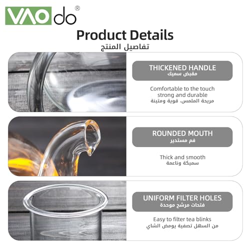 VAODO Glass Teapot Set, 8 Piece Glass Tea Set, 1 Teapot 600ml, 1 Heart Shape Candle Holder and 6 Cups 50ml with Removable Infuser, Tea Gift Sets