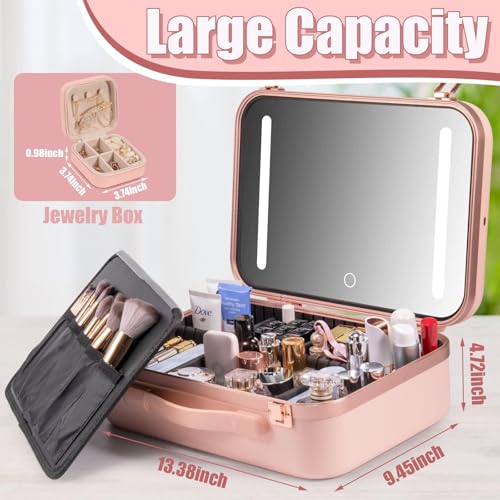 NALACAL Makeup Travel Lighted Case with Large LED Light Mirror Bag Organizer Professional Adjustable Divider Storage Waterproof Portable Makeup Train Box Accessories and Tools Case