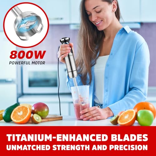 EnvoMart 800W 4-in-1 Hand Blender Set - 2-Speed Stick Mixer with Titanium Plated Stainless Steel Blade, 600ml Mixing Beaker and 860ml Food Chopper, and Whisk Attachment - Kitchen Mixer for Blending