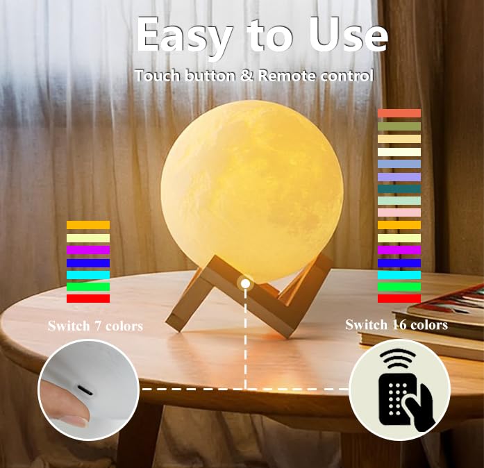 NSL Lighting 7.1 Inch 3D Printed Moon Lamp With 16 LED Colors, Stand & Remote/Touch Control - USB Rechargeable Night Light for Kids, Girlfriend, Wife, Lover Birthday Gifts