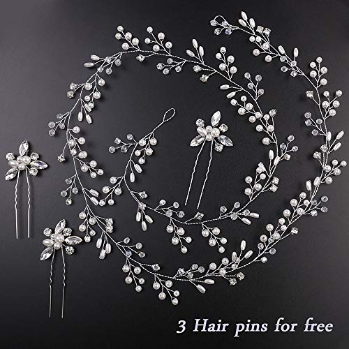 Denifery Bridal Rose Gold and Gold Silver Extra Long Pearl and Crystal Beads Bridal Hair Vine Wedding Head Piece Headband Hair Jewelry Hair Accessories (Silver)