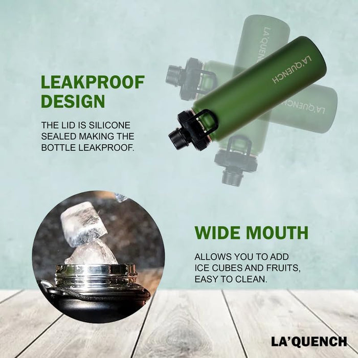 LA'QUENCH™ 18/8 Stainless Steel Water Bottle 710ML / 24oz Double Wall Vacuum Insulated Thermos Flask Wide Mouth Gym Sports Bottle (Army Green)