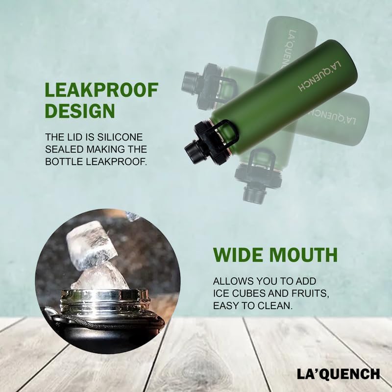 LA'QUENCH??18/8 Stainless Steel Water Bottle 710ML / 24oz Double Wall Vacuum Insulated Thermos Flask Wide Mouth Gym Sports Bottle (Army Green)