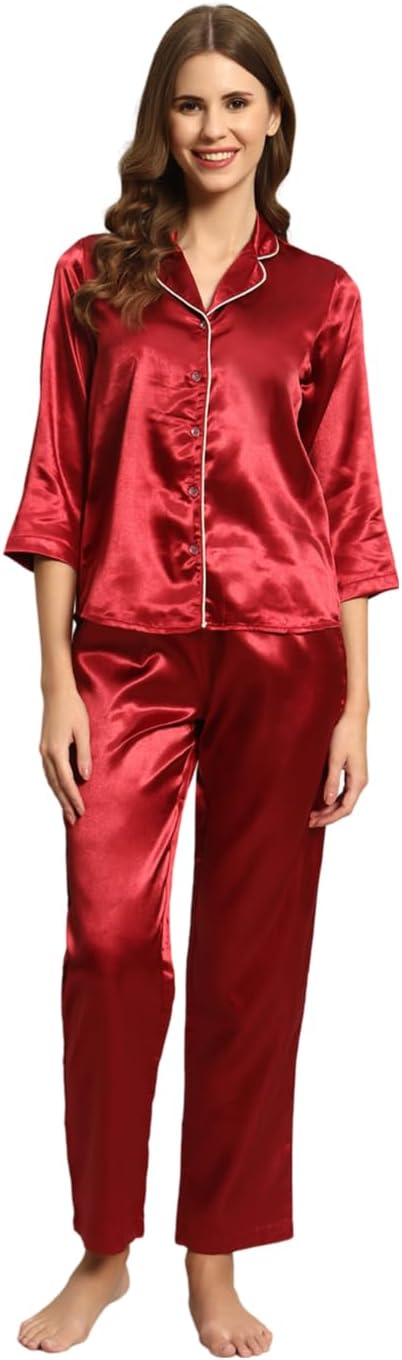 Styleville Satin Button Down Womens Regular Shirt & Pajama Set - Deep Red