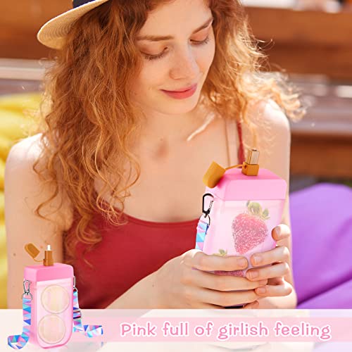 2 Pieces Ice Cream Bar Water Bottles with Straws 300ml Kids Water Juice Drinking Cups Cute Leakproof Kawaii Ice Cream Water Bottle with Adjustable Shoulder Strap for Kids Adult Sports (Blue, Pink)