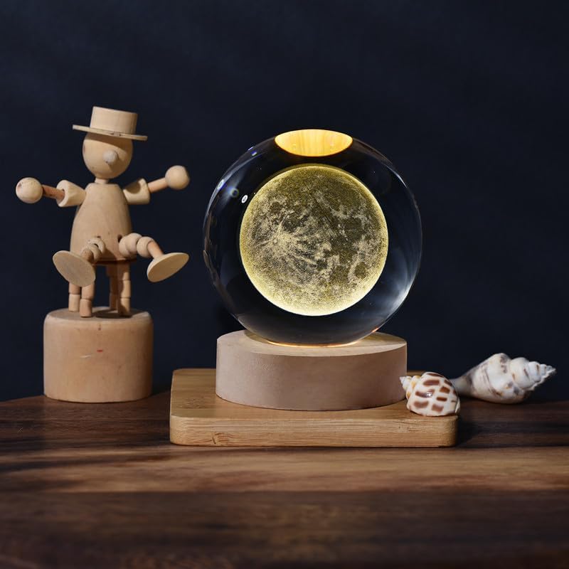 EETU Crystal Glass Ball Night Light,3D Solar System Nightlight Wooden LED Display Base Stand Home Decor Birthday Gifts Decorations Lamp Funny Table Lamp Warm Light for Kids (Moon)
