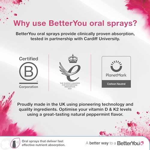 BetterYou Vitamin D 1000 IU Oral Spray, Fast Acting Vitamin D3 Supplement for Long Term Daily Use, Helps Maintain Vitamin D Levels, 3-Month Supply, Natural Peppermint Flavour, Made in The UK
