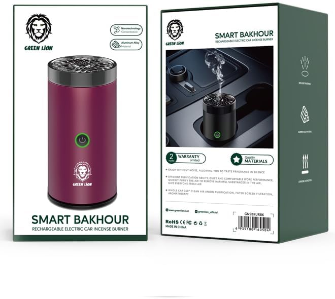 Green Lion Smart Bakhour Rechargeable Electric Car Incense Burner, USB-C Portable Mini Burner, Aluminum Alloy Design, Strong Power for Fast Burning, Long-Lasting Fragrance - Green