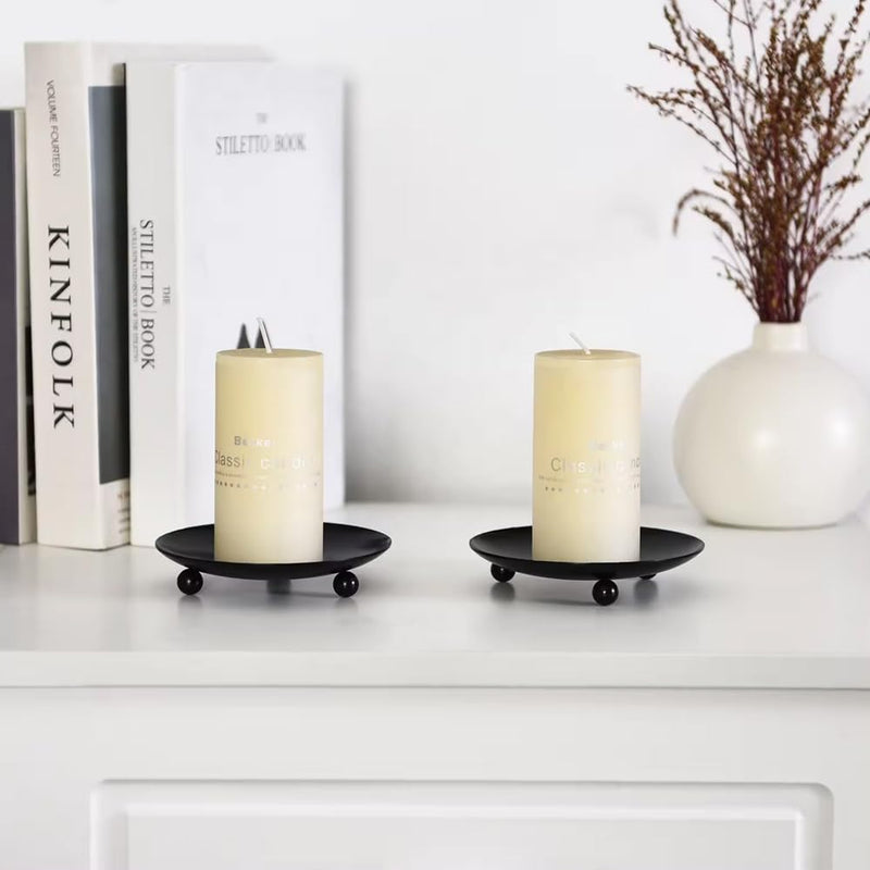 AMERTEER 2 Pcs Diameter 4.3" Candlestick Holders Iron Pillar Candle Holder Gold Candle Holder Hurricane Candle Holder Candle Stands Candle Plate Holder Pedestal Candle Holders for Table (Black)