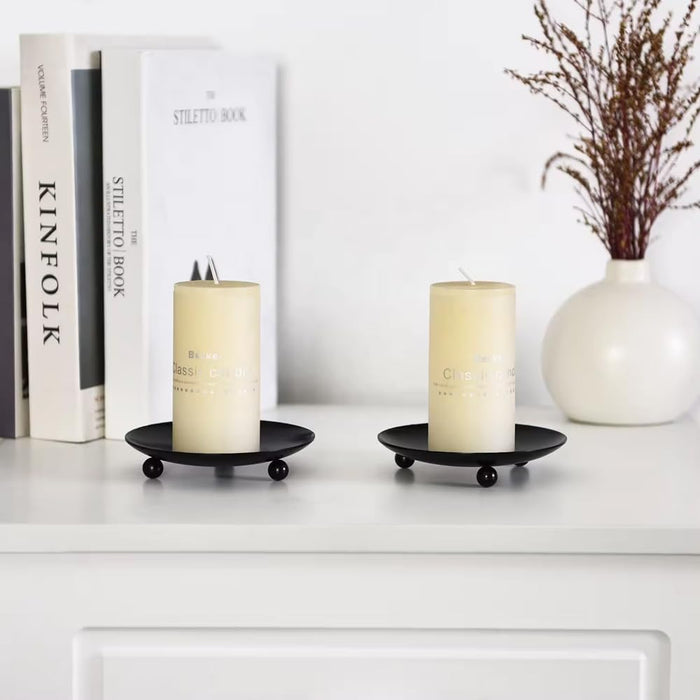 AMERTEER 2 Pcs Diameter 4.3" Candlestick Holders Iron Pillar Candle Holder Gold Candle Holder Hurricane Candle Holder Candle Stands Candle Plate Holder Pedestal Candle Holders for Table (Black)