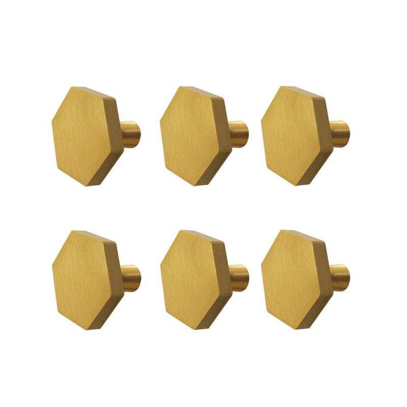 Tokatuker 6-Pack 30mm(1.2") Solid Brass Knob Simple Chamfered Hexagon Kitchen or Furniture Cabinet Hardware Drawer Handle Knob, Brushed Brass (1.2" Hexagon)