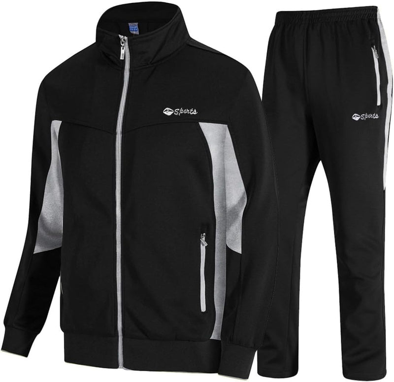 Men's Tracksuit, 2-Piece Set, Casual, Athletic Sweat Suit with Full Zipper, for Jogging, Warm-Up - 03 Black+light Grey