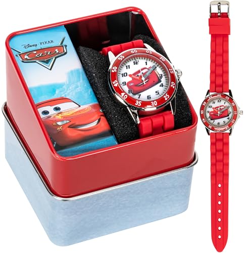 ACCUTIME Cars Kids' Analogue Watch with Silver-Tone Casing, Red Bezel, Red Strap - Official Cars Lightning McQueen Character on the Dial, Time-Teacher Watch, Safe for Children - Model: CZ1009