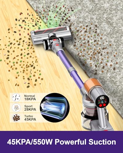 Cordless Vacuum Cleaner, 2 Batteries 120 Mins Runtime, 550W 45KPA Stick Vacuum with Self-Standing, Tangle-Free Brush, LED Display, Vacuum Cleaner for Home Hardwood Floor, Carpet, Pet Hair (purple)