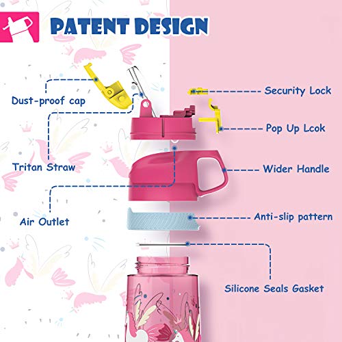 FJbottle Kids Water Bottle with Straw, 16 oz Leak Proof Plastic Toddler Bottle with Handle Water Jug Wide Mouth Drinking Bottle for Kids Sports School