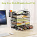 5Tray Desk Organizer with Drawer,Mesh Paper Letter Tray Organizer with Handleand 2Pen Holder,Desktop File Organizer and Storage Office Organization Metal Paper Tray for Letter/A4 Office File Folder