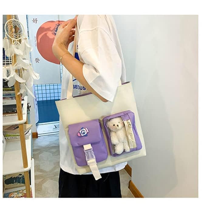 TOMVAES 5 Pcs School Book Bag Set,Bear Pendant Canvas Combo,School Backpack Bag,Girl Student Tote Crossbody Daypack Boy Pencil Case,Girls schoolbag School Shoulder Bags Backpack