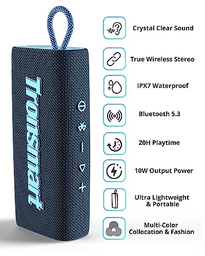 Tronsmart Portable Bluetooth Speaker, Trip Mini Speaker with Bluetooth 5.3, 20H Playtime, AUX, Mic, IPX7 Waterproof Speakers, Wireless Outdoor Speakers for Beach and Bike Travel - Blue