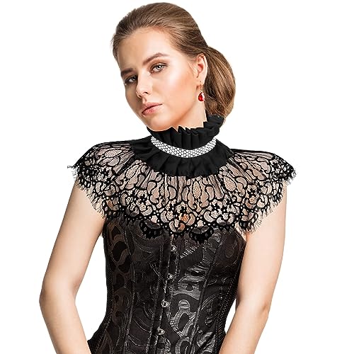 Neck Ruffle Collar, Fake Collar Black Lace Lolita Neck Ruffle Collar Cape, Detachable Elizabethan Style False Floral Layered Collar for Women Girls Evening Dress Accessory for Women Girls(2 Pcs)