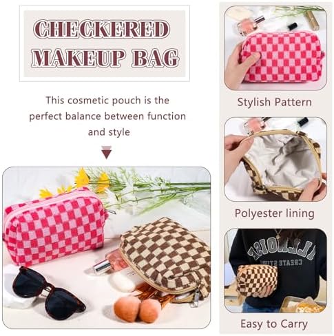 ZLFSRQ 3Pcs Checkered Makeup Bag for Women Large Cosmetic Bag Set Travel Toiletry Bag Makeup Pouch Bag for Purse Pink Zipper Storage Bag Organizer Cute Small Aesthetic Girls Car Essentials Bag