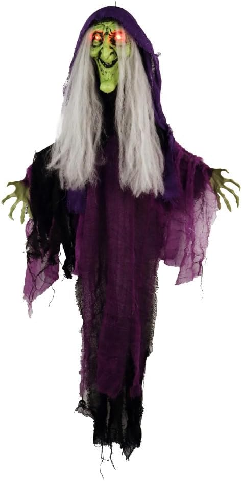 Mad Toys Spooky Hanging Animated Witch with Light-Up Eyes, Sound and Action Activated Halloween Decoration, Theme Party Haunted House Trick or Treat Decor