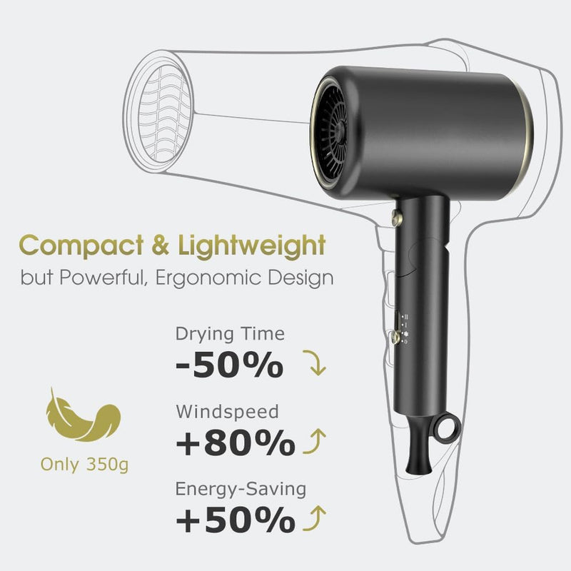 Oxsaytee 2400W Hair Blow Dryer with Diffuser, Foldable Mini Travel Hair Dryer, Ionic Hair Dryer With Storage Bag Bow Dryer for Curly Hair Fast Drying For Home Salon Travel (Black)
