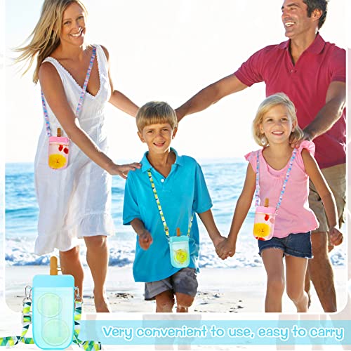 2 Pieces Ice Cream Bar Water Bottles with Straws 300ml Kids Water Juice Drinking Cups Cute Leakproof Kawaii Ice Cream Water Bottle with Adjustable Shoulder Strap for Kids Adult Sports (Blue, Pink)
