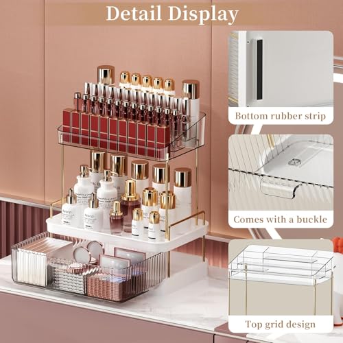 Makeup Organizer For Vanity, Drawer Skincare Organizer With Compartment, 2 Tier Large Bathroom Counter Organizer, Multi-purpose Makeup Organizer Countertop Exquisite, White Clear