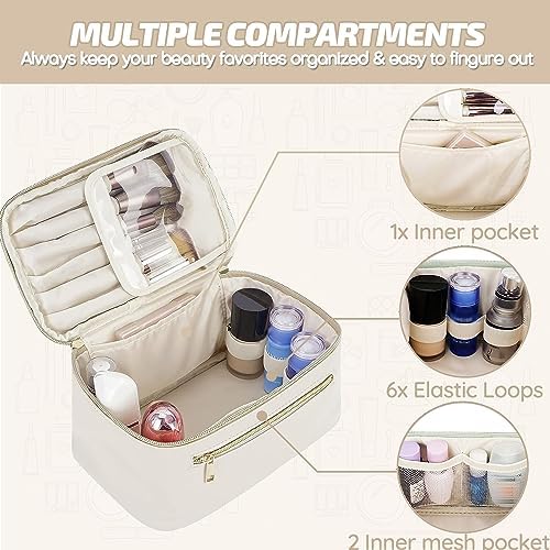 PawPawU Makeup Bag, Travel Cosmetic and Toiletry Organizer, Vegan Leather Waterproof Beauty Washbag with Handle to Keep Your Make up, Brushes, Skincare Products Organized (Beige)