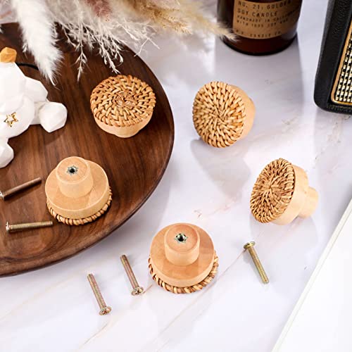 Wooden Drawer Knobs, Rattan Dresser Knobs Round Handmade Wicker Woven and Screws for Boho Furniture Knobs Cabinets Dresser Handles Hardware Pulls Cabinet Knobs (6 Knobs and 6 Screws)
