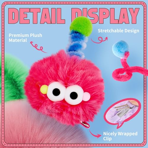 HZYH Fluffy Pom Poms Hair Clip For Girls, Cartoon Hair Barrettes For Kids, Colorful Hair Clips For Toddler, Quirky Little Monster Hair Accessory For Halloween, 5 Pieces