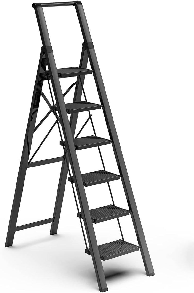 Step Ladder Folding Step Stool, Heavy Duty 330 Lbs Load Stepladder, Small Kitchen/Closet Ladder for Adults/Kids, Lightweight Step Ladder with Anti-Slip Wide Pedal for Home, Black (4 Step) - 6 Step