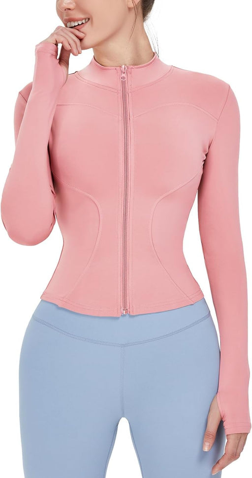 Women's Lightweight Stretchy Workout Full Zip Running Track Jacket with Thumb Holes - Pink