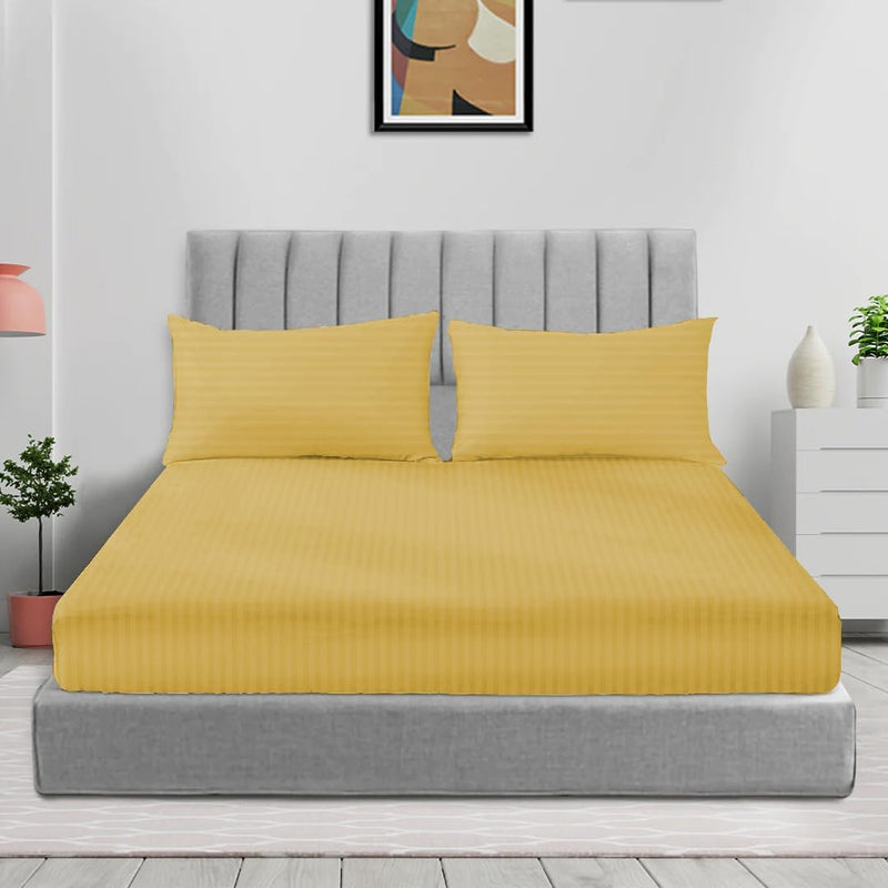 Sleep Well Microfiber Stripe Fitted Sheet with Pillowcase Set - 90x200+17cm (Beige) - Gold 200x200+17cm