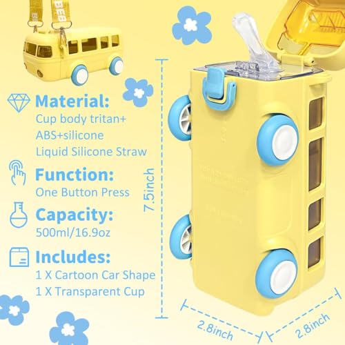ALMEKAQUZ Bus Water Bottle for Kids,16.9oz/500ml Car Water Cup with Straw and Strap,Leakproof Plastic Drinking Jug with Movable Wheels for Boys School Sports Camping Picnic Hiking Travel Gift - Yellow