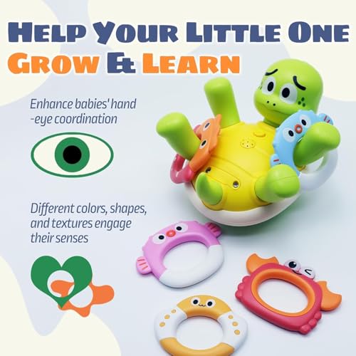 AM ANNA Baby Bath Toys, Turtles Bath Toy One-Touch Water Spray Button with 5 Rings,Rechargeable Bath Toys for Kids,Interactive Swimming Toys, Waterproof Water Toys for Babies