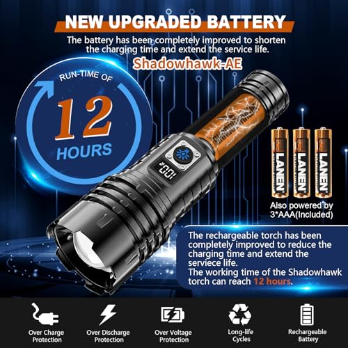 Shadowhawk Flashlight Rechargeable Torch Light, 20000 Lumens Flash Light Led flashlights Tactical, XHM77.2 Led Torch Light High Power, USB Handheld Powerful Torches for Camping Hiking Emergency