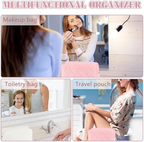 ZLFSRQ 3Pcs Checkered Makeup Bag for Women Large Cosmetic Bag Set Travel Toiletry Bag Makeup Pouch Bag for Purse Pink Zipper Storage Bag Organizer Cute Small Aesthetic Girls Car Essentials Bag