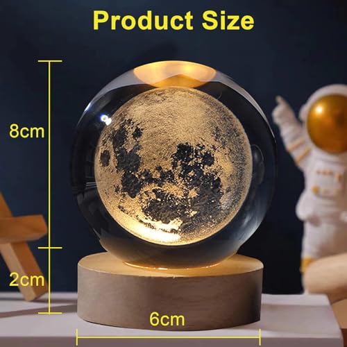Wisfunlly 3D Crystal Ball Night Light, Moon LED Light with Wooden Base,USB 3D Moon Planets Solar System Universe Lamp for Home Decor Ornaments Birthday Gifts Moon Model(Moon)